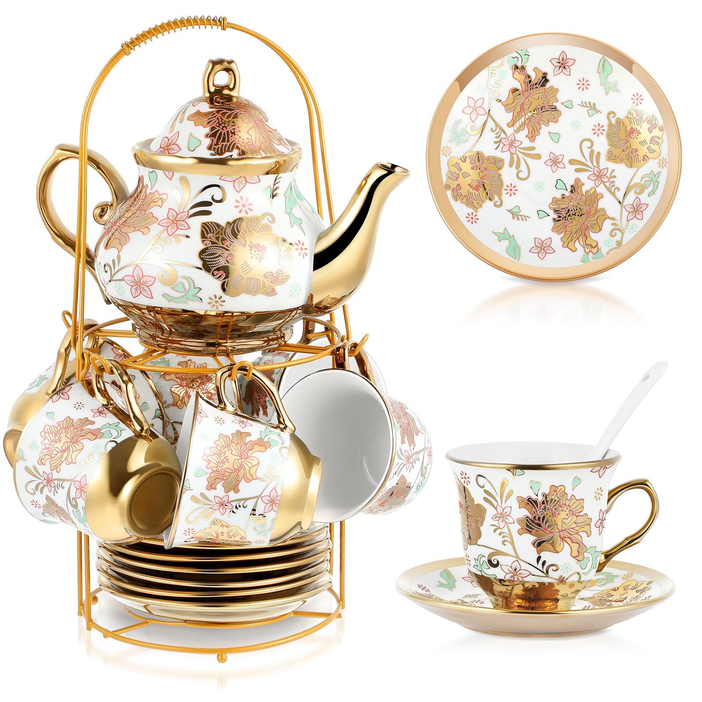 Ceramic tea set (with metal tray and spoons) Adult ceramic tea set with European floral pattern teapot, cup, tray and spoon. Suitable as a gift for women and mothers. Large version (bright style, 20 pieces)