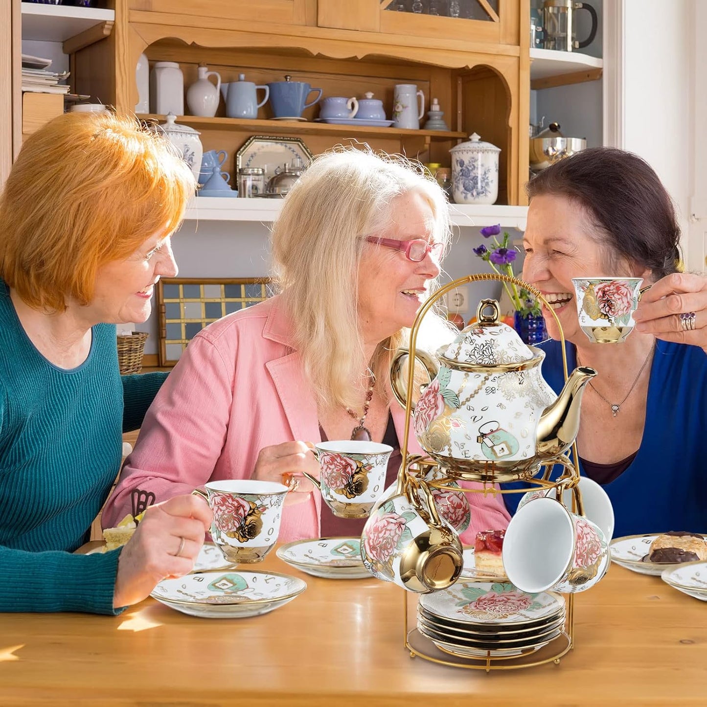 Ceramic tea set (with metal tray and spoons) Adult ceramic tea set with European floral pattern teapot, cup, tray and spoon. Suitable as a gift for women and mothers. Large version (bright style, 20 pieces)