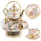 Ceramic tea set (with metal tray and spoons) Adult ceramic tea set with European floral pattern teapot, cup, tray and spoon. Suitable as a gift for women and mothers. Large version (bright style, 20 pieces)