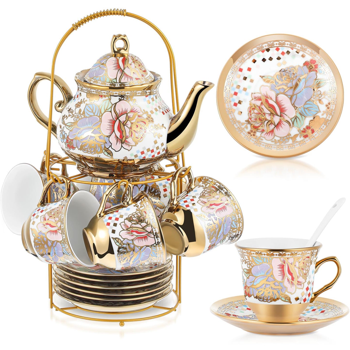 Ceramic tea set (with metal tray and spoons) Adult ceramic tea set with European floral pattern teapot, cup, tray and spoon. Suitable as a gift for women and mothers. Large version (bright style, 20 pieces)