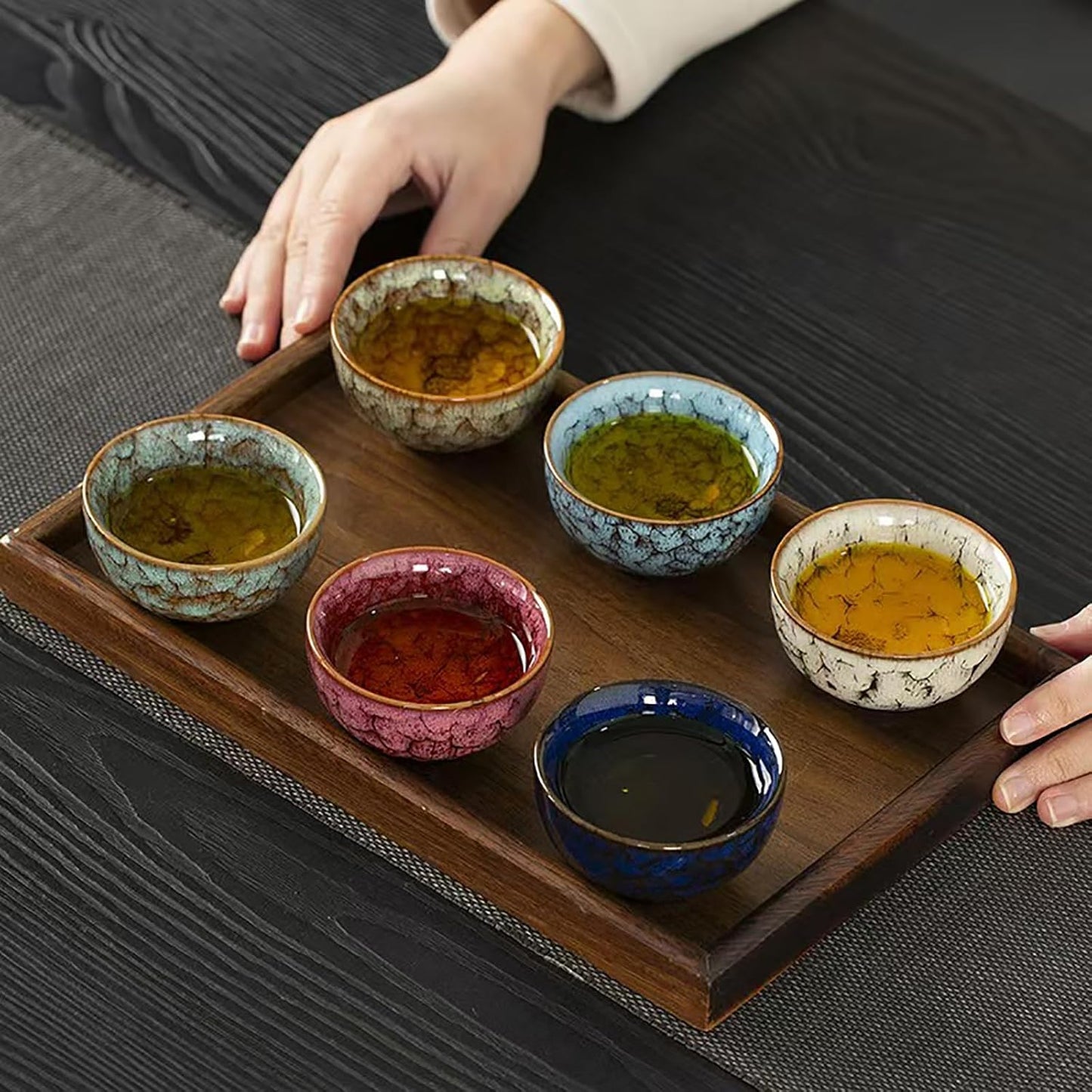 Chinese Ceramic Kung Fu Tea Set of 6, Japanese Tea Cup, Sake Cup,Sake Sets Ceramic Tea Cup, Ceramic Tea Set，Blue gift box packaging