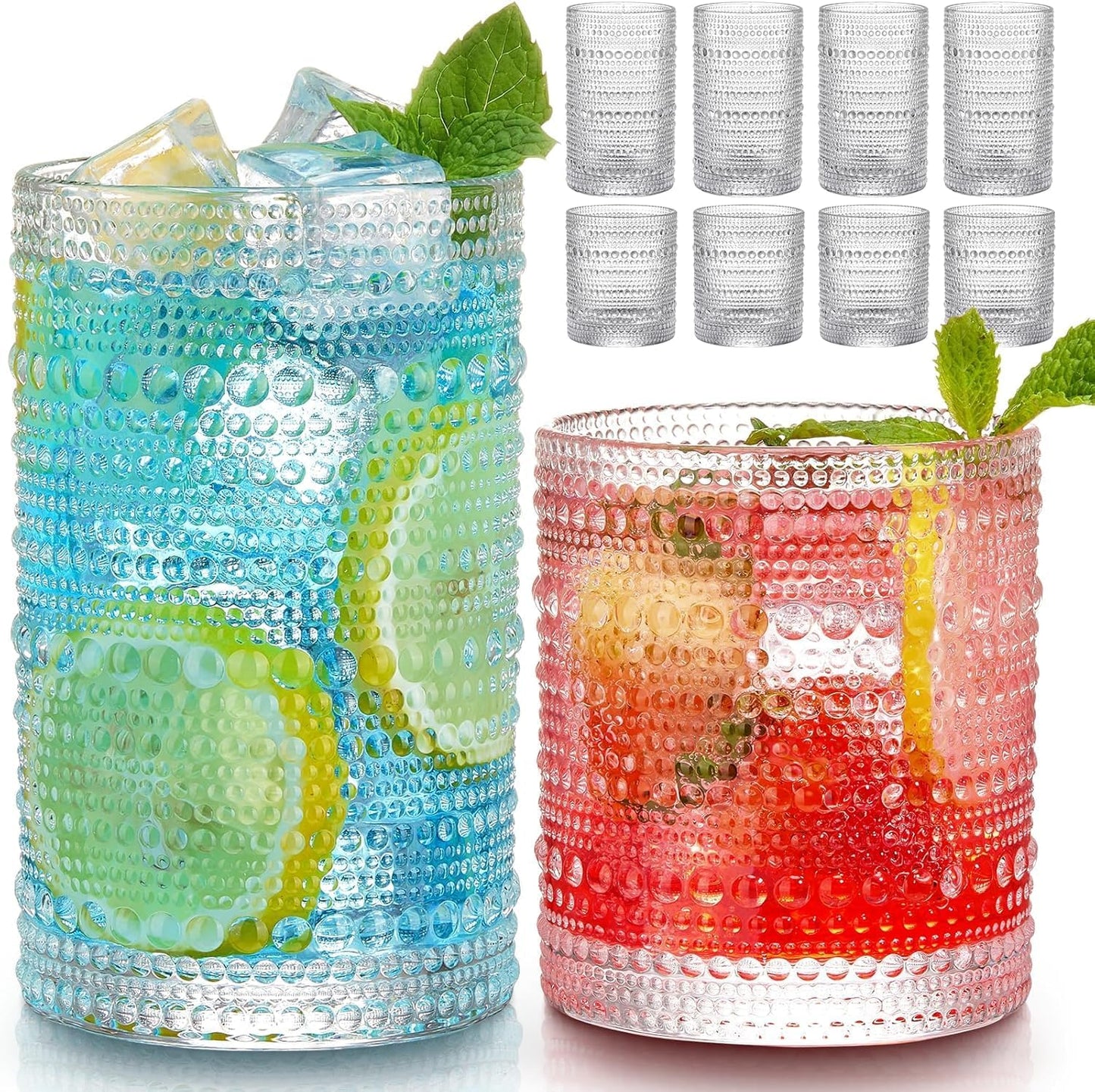 Vintage Hobnail Drinking Glasses Set of 8, 12 oz Highball Glasses & 10 oz Cocktail Glasses Set, Kitchen Water Glasses Cup, Bar Tumbler Glassware Set for Beer, Juice, Cocktail, Whiskey, Milk