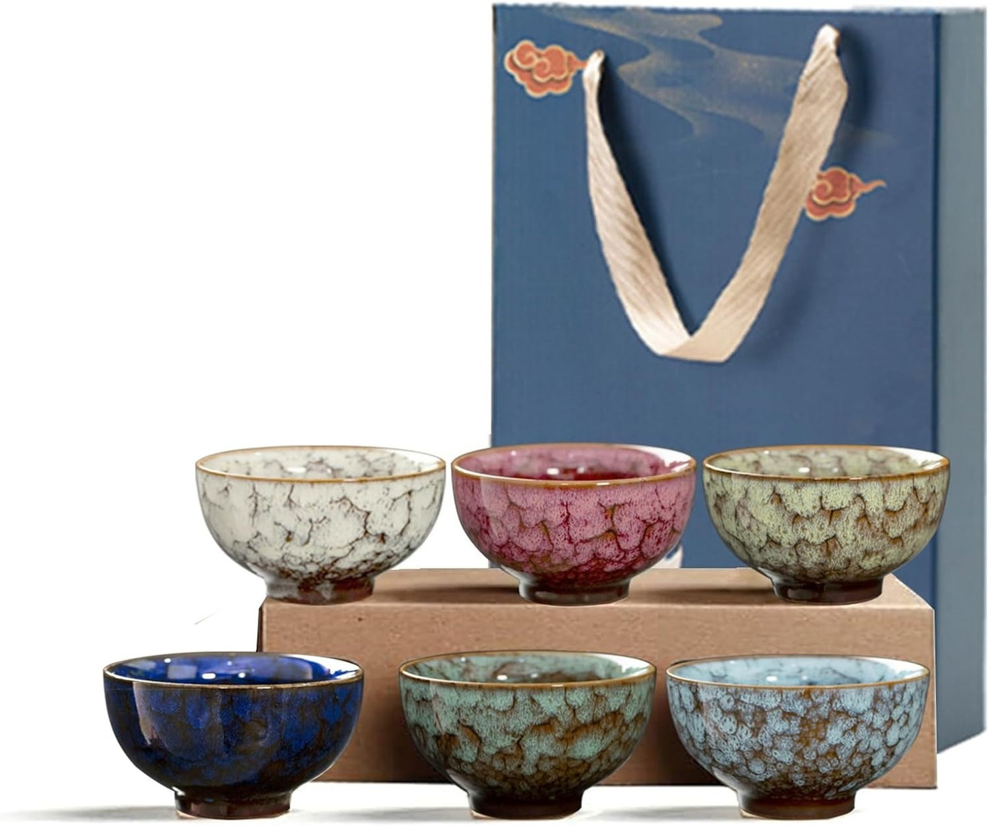 Chinese Ceramic Kung Fu Tea Set of 6, Japanese Tea Cup, Sake Cup,Sake Sets Ceramic Tea Cup, Ceramic Tea Set，Blue gift box packaging