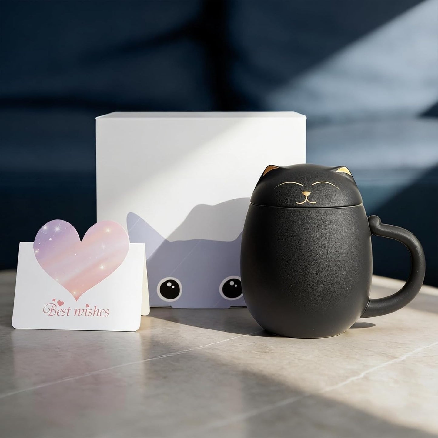 Cat Tea Cup (with filter and lid) - 13.5 oz ceramic cup - A suitable gift for cat lovers to give to friends and family. (Black)
